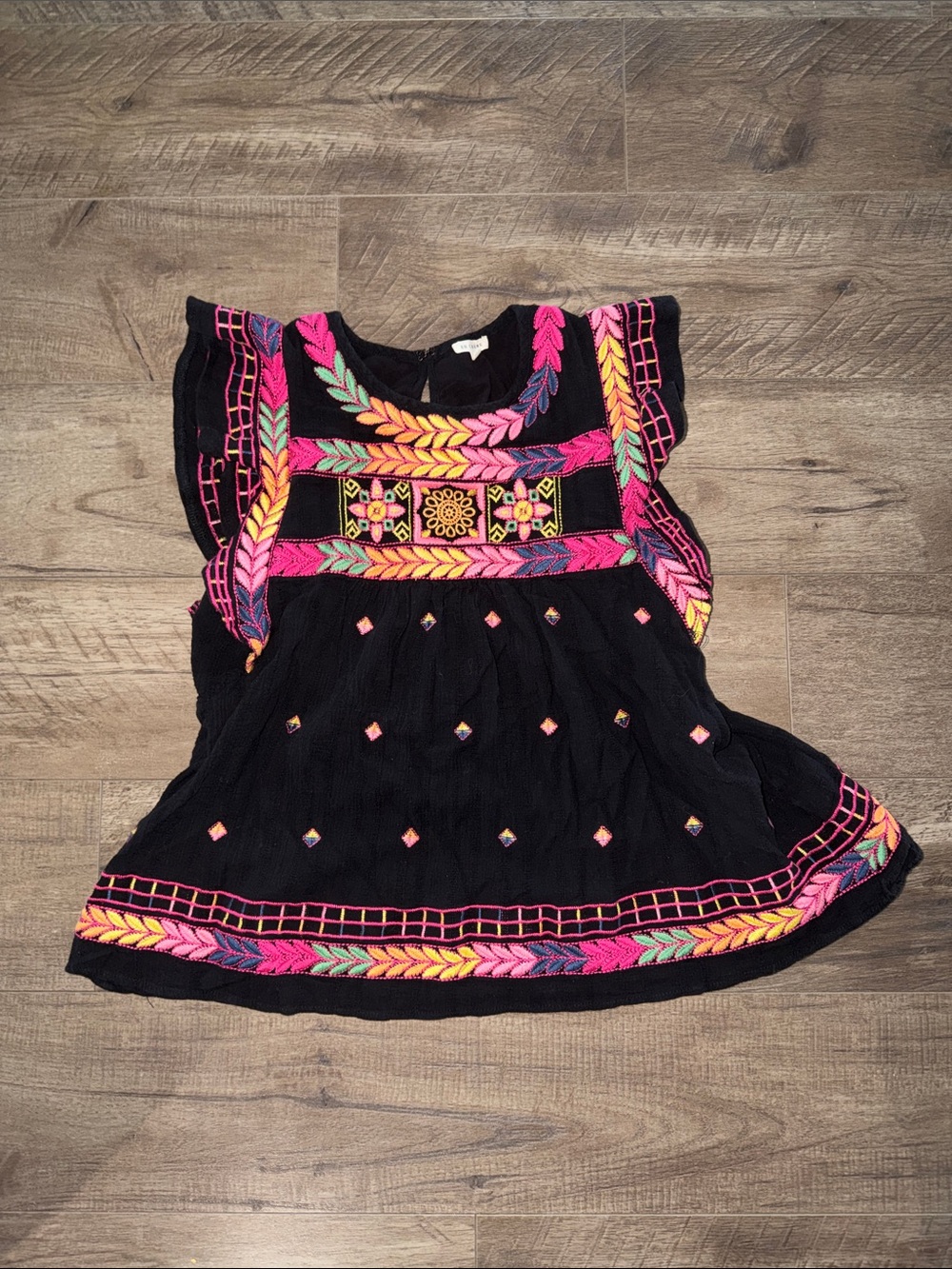En Creme Black Flutter Sleeve Top with Bright Pink & Yellow Embroidery